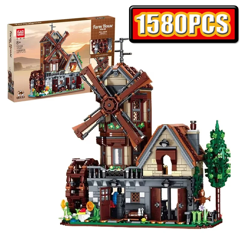 

1580PCS Europe Medieval MOC Farm House Building Blocks Village Windmill Cottage Architectural Model with LED Toys Kids Gift