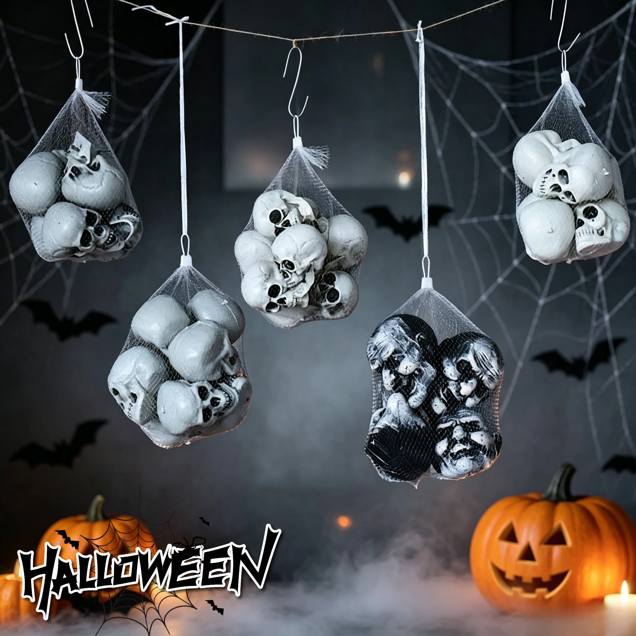 Halloween Skeleton Mesh Bag Haunted House Secret Room Decoration Prop Witch Head Simulation Skeleton Ornaments Spooky Set