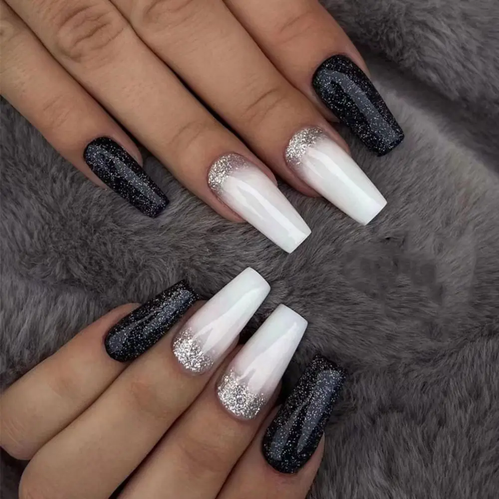 24 Uds manicura línea marrón DIY prensa en uñas bailarina larga gradiente francés negro blanco brillo uñas postizas