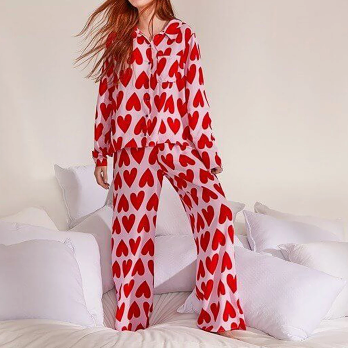 HEZIOWYUN Women's 2Piece Heart All-over Print Pajamas Set Long Sleeve Lapel Button-up Shirt with Pants Sleepwear Loungewear