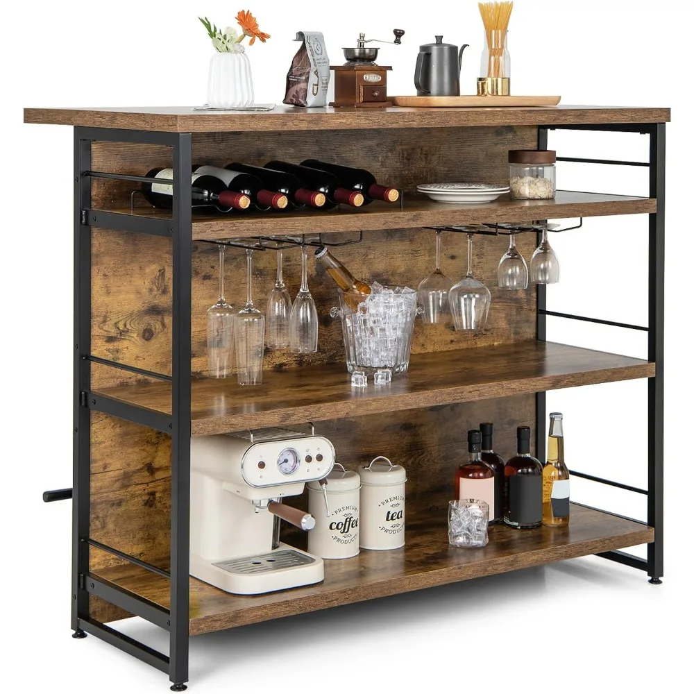 Industrial Home Bar Unit, Stationary Kitchen Island w/ 4-Tier Storage Shelf, Wine Rack, Glass Holders, Liquor Bar Table