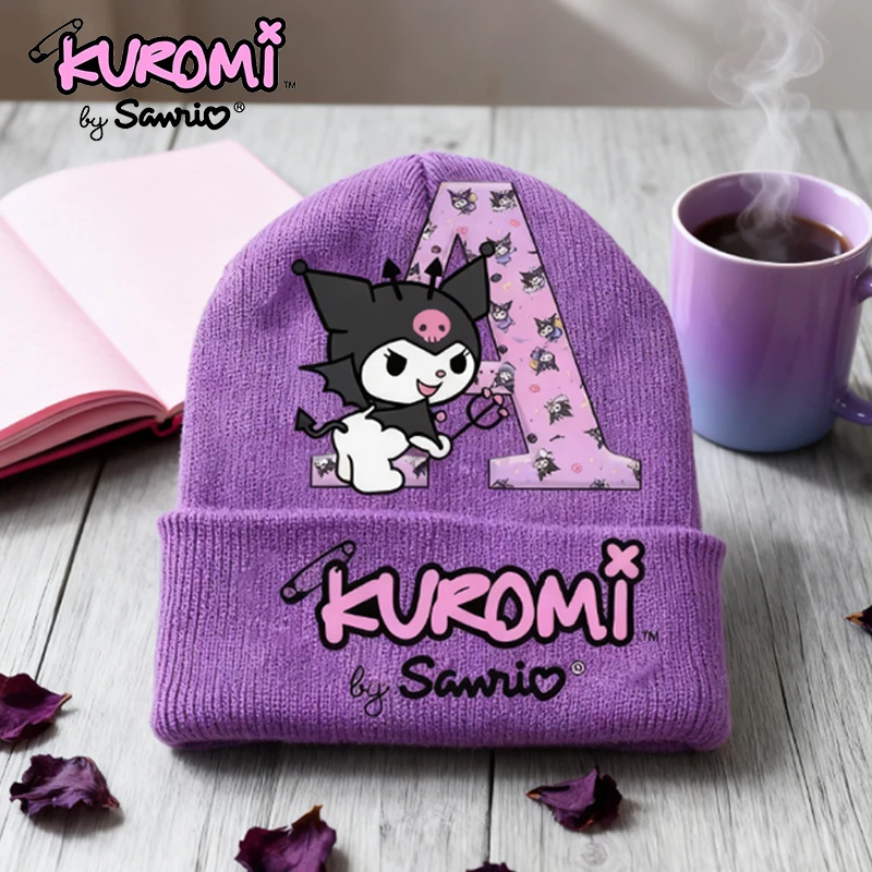 

Kawaii Kuromi Knitted Hat Cartoon Creative Letter A-Z Pattern Woolen Cap Autumn Winter Warm Windproof Children's Hats Anime Gift