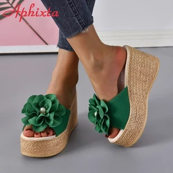 Aphixta lato 9cm buty na koturnie kapcie kobiety duże perły koralik kwiaty krowa Suede Bow Mulers 4cm sandały na platformie chodaki slajdy