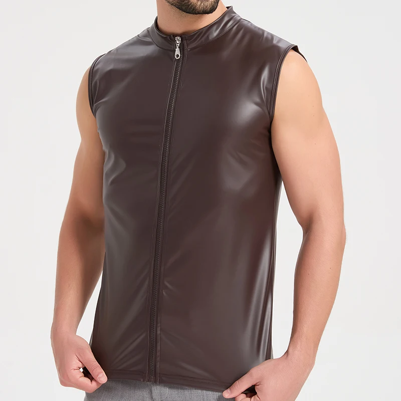 Muscular Men's Leather Vest Elastic PU Leather Tank Tops Fashion Hot Tees Biker Streetwear Superior Quality