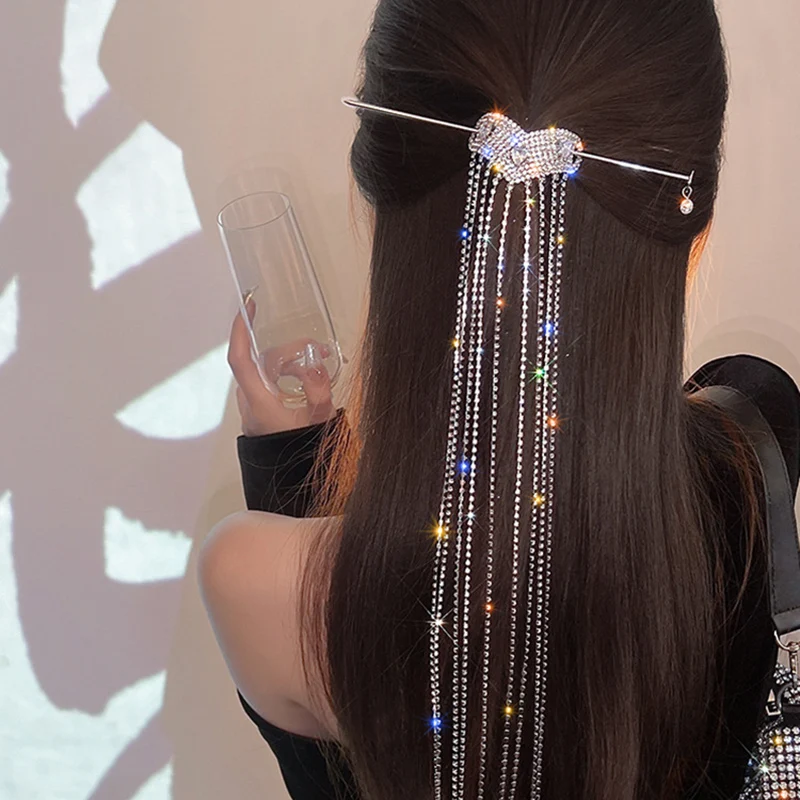 Flash diamond super long tassel love hairpin women's light luxury temperament antique style long hairpin hair ornament new model