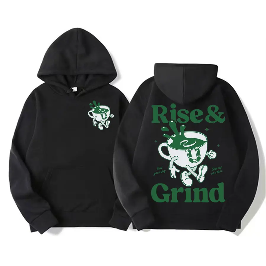 Rise and Grind Green Coffee Graphic Hoodies Men Women Funny Vintage Cartoon Meme Sweatshirt Unisex Casual Kawaii Pullovers Hoody