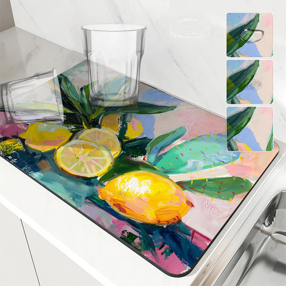 

1pc Drying Mat Watercolor Lemon Cactus Non-Slip Absorbent Mat Tableware Kitchen Counter Drain Mats Placemats for Table