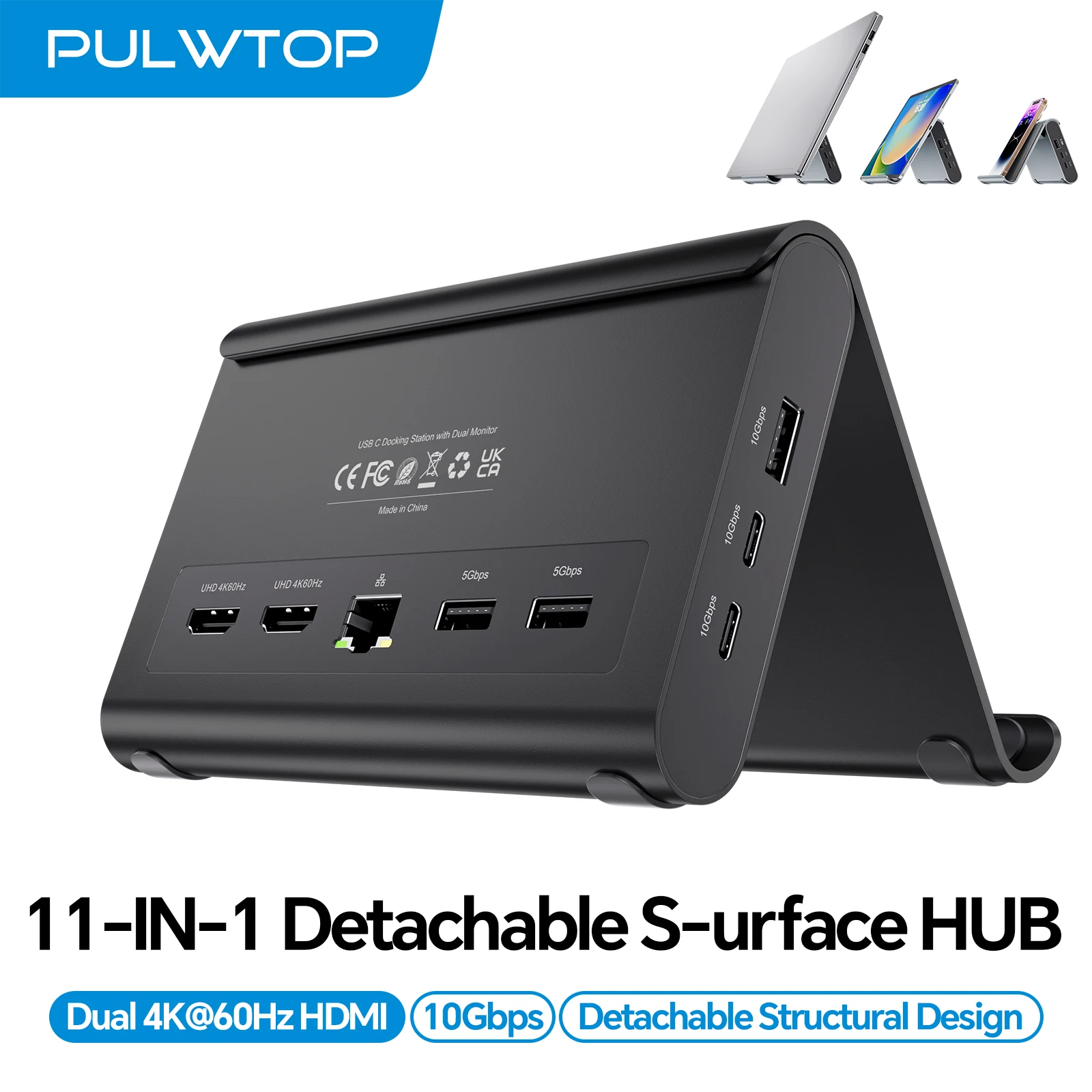 PULWTOP Laptop Docking Station Dual Monitor with 2X 4K@60Hz HDMI, USB-C/A 10Gbps,USB-A 5Gbps for Surface Pro & Windows Laptops
