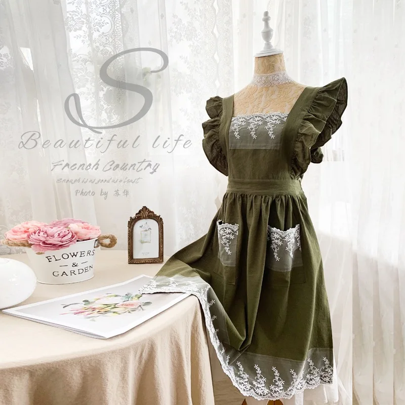 1pc Lace Apron Ruffle Design Cotton Aprons for Home Garden Flower Shop Princess Style Beige Pink Dark Green