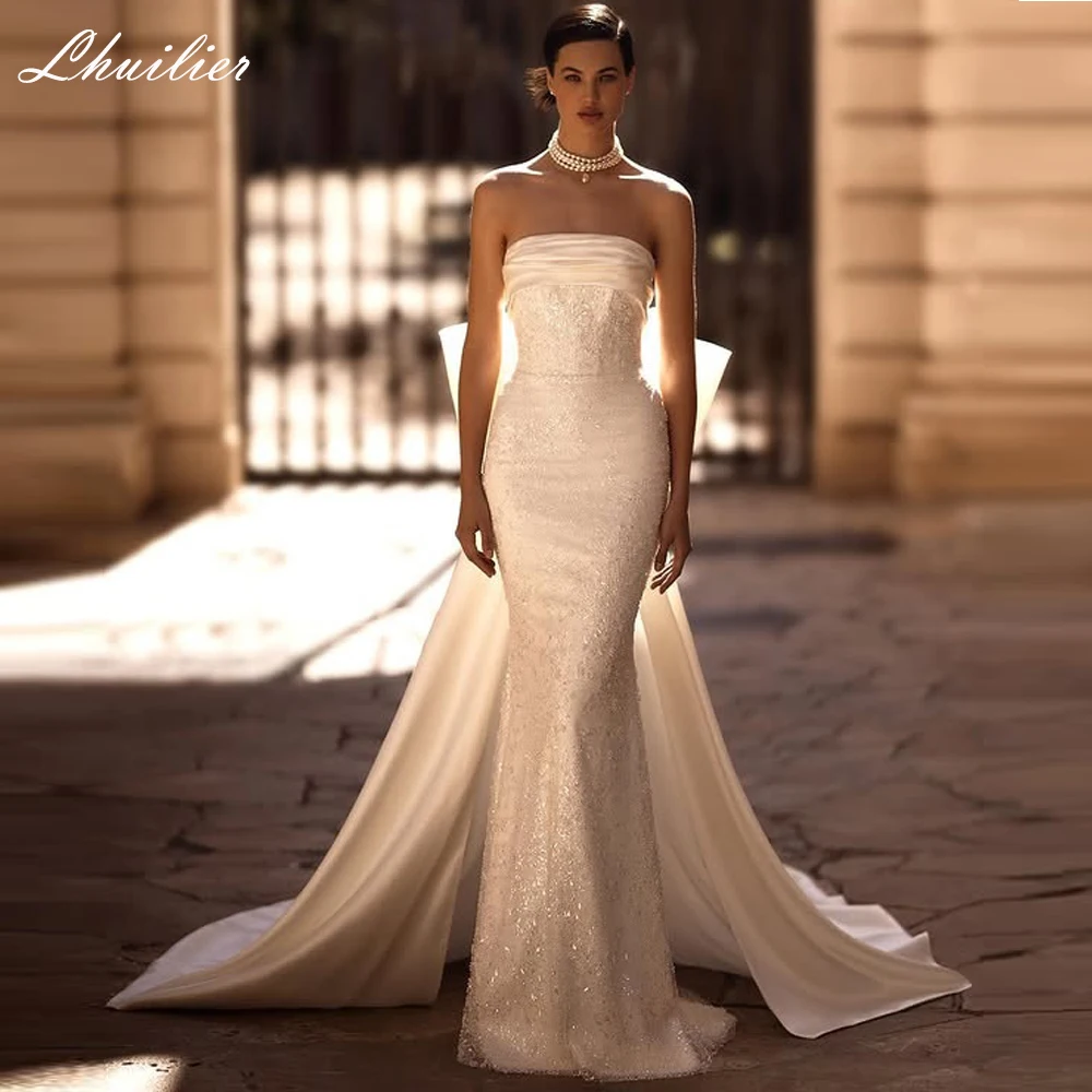 

Lhuilier Customized Mermaid Strapless Lace Wedding Dresses Sleeveless Pleated Bridal Gowns with Removable Sashes