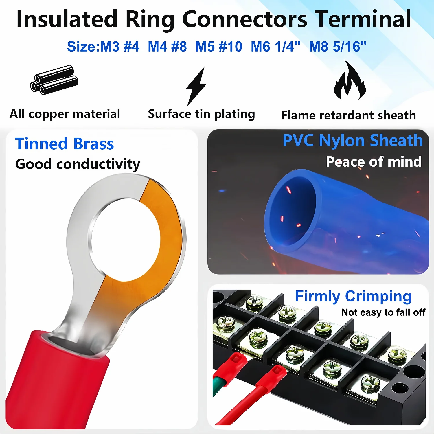 Electrical Wire Crimp Terminals Connectors, Insulated O Ring Lugs Connectors M3 M4 M5 M6 M8 Cable Ends for Automotive Marine DIY