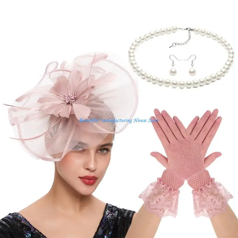 

E56A Lace Flower Fascinator Headwear Necklace Gloves Set for Women Horse Racing Festival Headpiece Hair Accessories