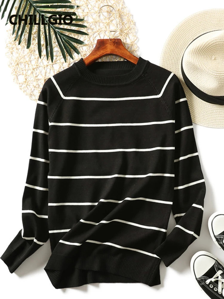 CHILLGIO Women Autumn Striped Sweater Fashion Streetwear Casual Long Elastic Knitwear Korean O Neck Winter Knitting Pullovers