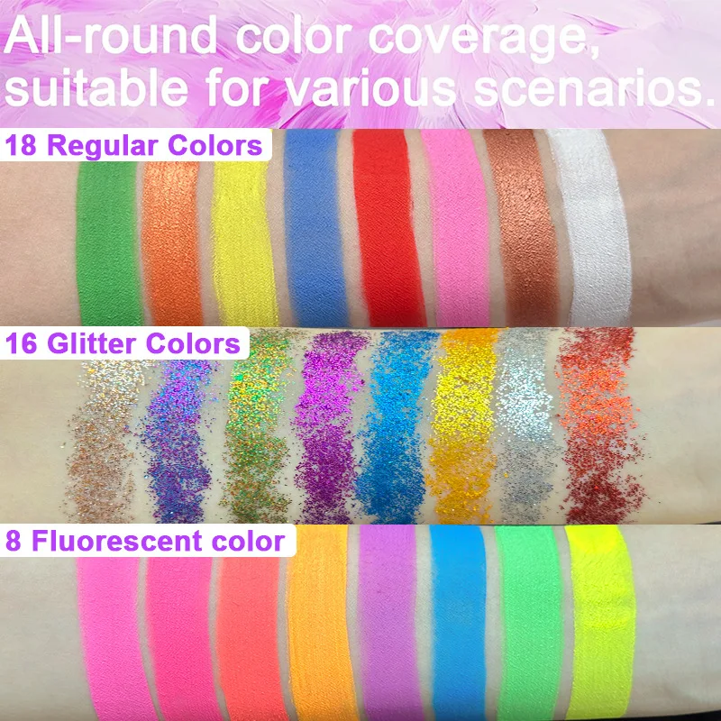 42 Colors UV Neon Face Paint Set Water Soluble Fluorescent Glitter Art Makeup for Body Painting Festivals Halloween