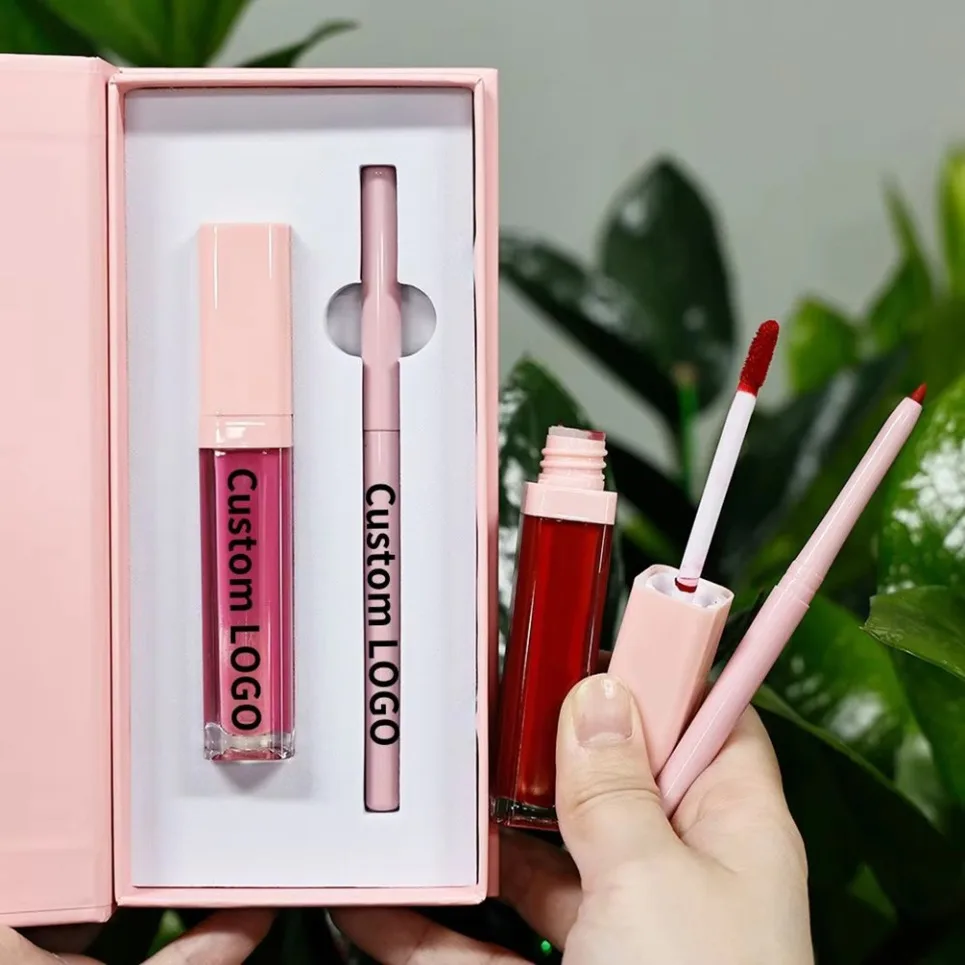 มังสวิรัติ 2in1 Lip Kit ฉลากส่วนตัว Matte Waterproof Lip Gloss Lip Liner Non Transfer ยาวนานขายส่งแต่งหน้าชุดโลโก้ที่กําหนดเอง