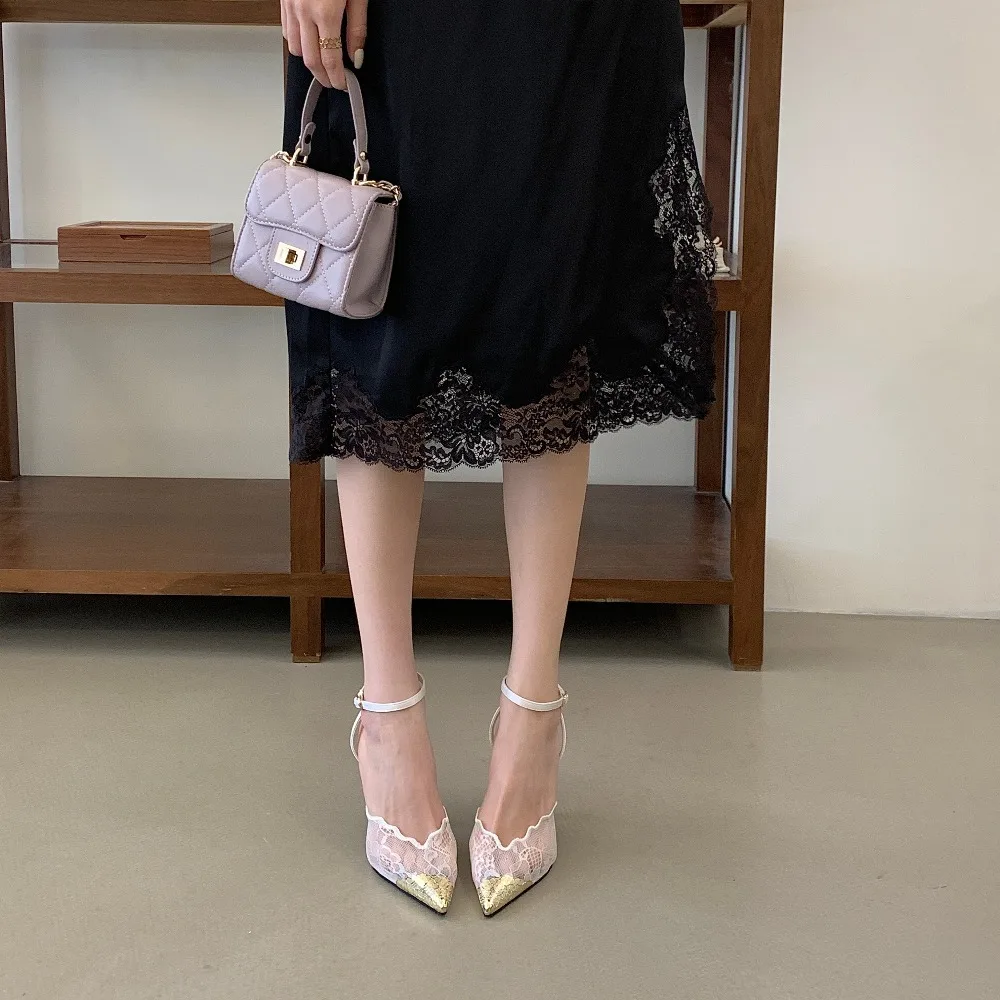 Aneikeh Elegant White Lace Slingback Stiletto Heels Pointed Toe Ankle Strap Buckle Sandals Wedding Party Ladies Dress Pumps