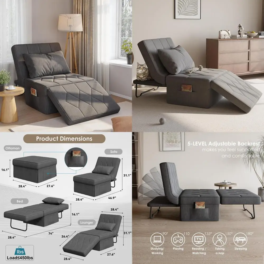 Convertible Futon Couch Bed, 74D x 28W Sleeper Chair with 5-Level Adjustable Backrest, Breathable Linen Folding Sofa Bed