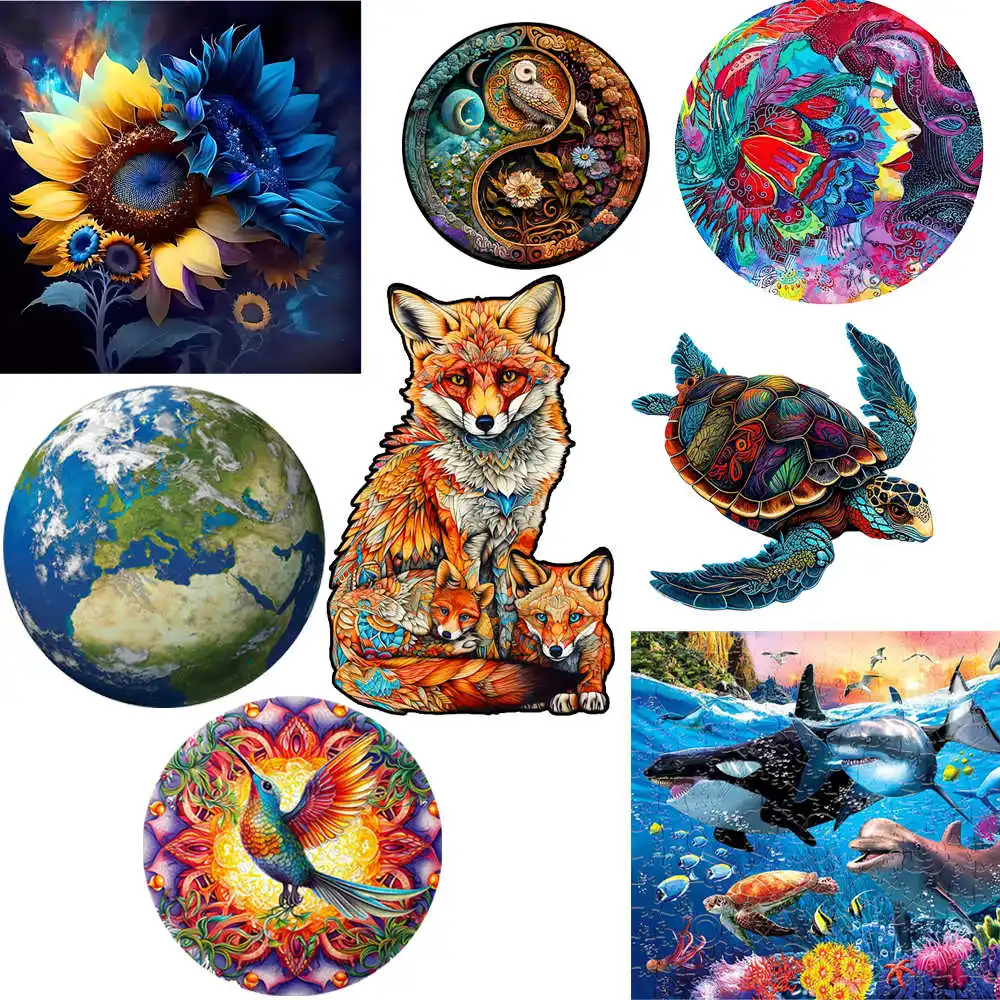 

irregular tortoise wooden puzzle Intelligent Family interactive game holiday gifts fox wood jigsaws puzzles for adults kids