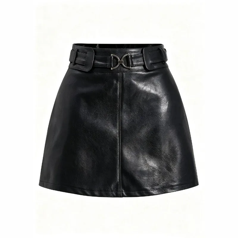 New Short Skirt Features Retro American Style PU Leather Belt Buckle Design A-line Skirt Designed Slim Waist Make Look Slimmer