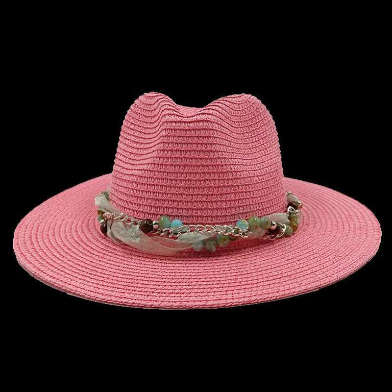 Jazz Top Straw Hat Pink New Accessories Beach Hat Men\'s and Women\'s Hat New Flat Top Summer Beach Travel Essential Sun Hat