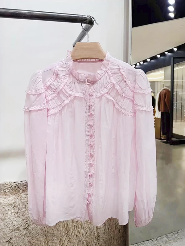 

Elegant Lightweight Pink Shirt for Women New Spring Summer Fashion Folded Shoulder Decoration Straight Cut Long Sleeve Cotton