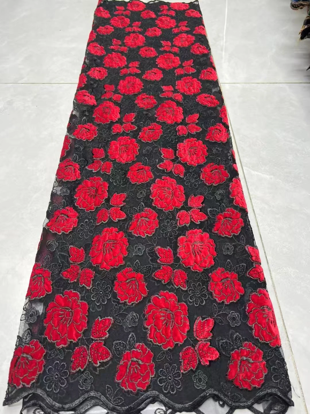 ​OLEVO Black Orange Floral Lace Fabric Luxury Sheer Mesh Material for Wedding Bridal Gown Evening Banquet Dress AX3229-A1