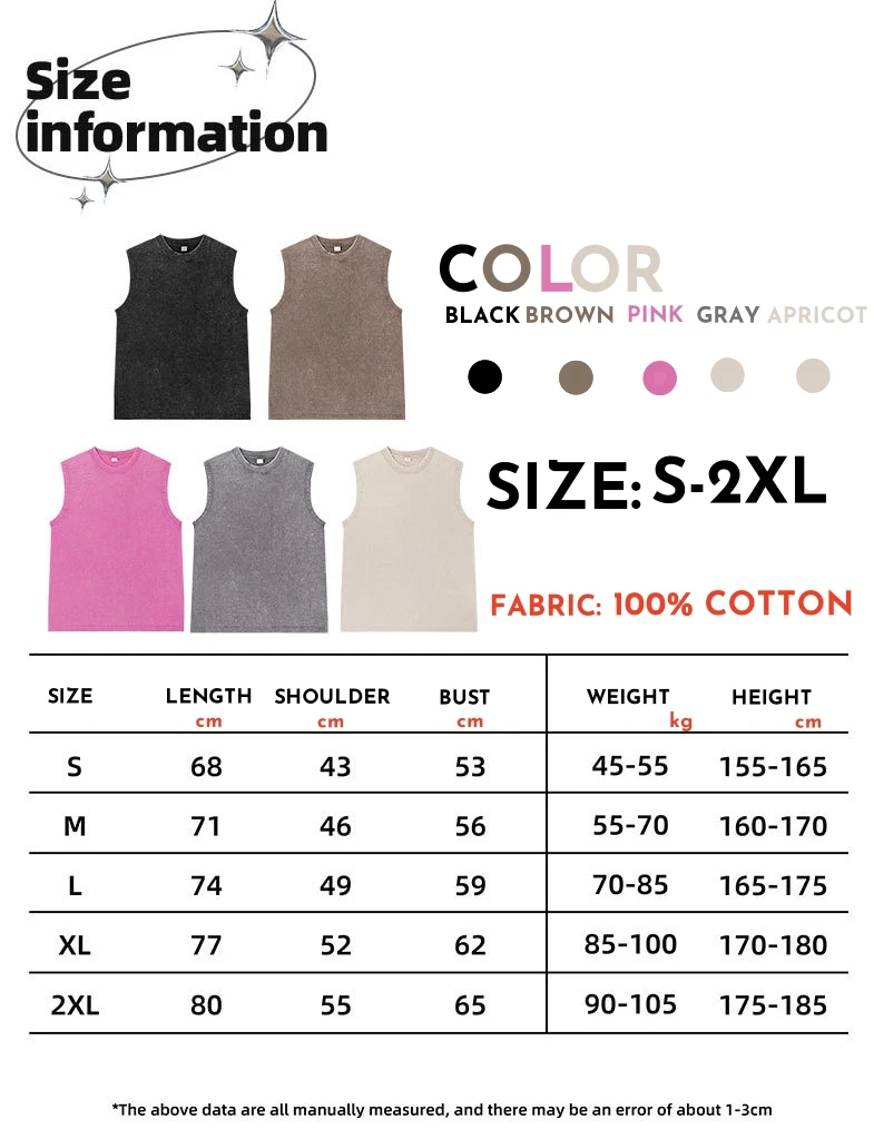 Regata masculina de algodão sem mangas, camisa muscular lavada vintage, ajuste solto, colete de verão S-2XL preto rosa cinza