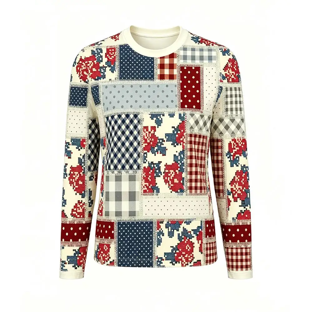 Retro Patchwork Plaid Print Long Sleeve T‑Shirt Women Streetwear Harajuku Casual Tee Spring Autumn O‑Neck Daily Fashion Tops
