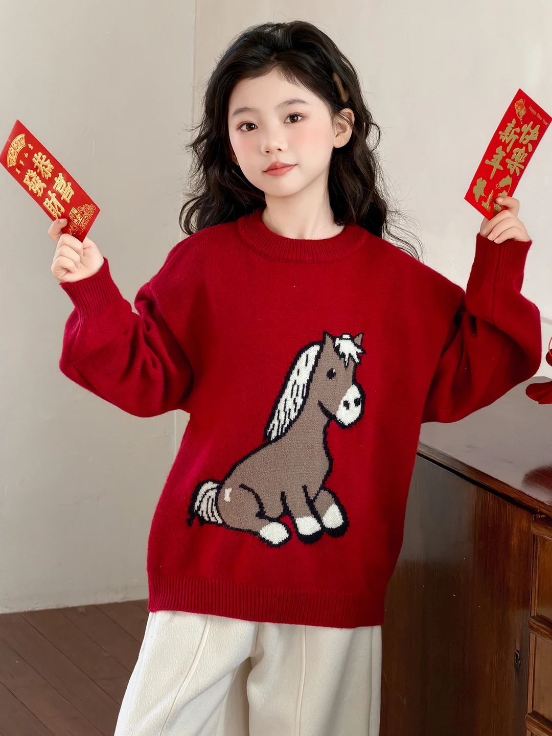 

Детский вязаный свитер с кроличьими ушками, круглый вырез, базовый слой, красный, для Нового года, зимняя модная детская одежда