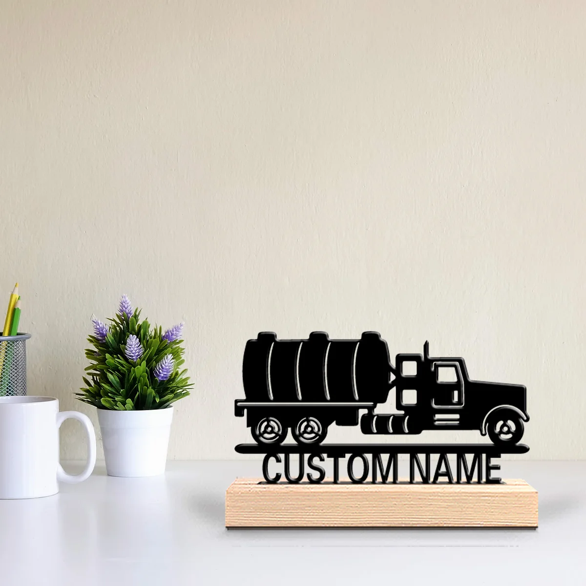 1pc Terror Personalized Custom oil tank truck Metal Statues Wooden Base Bar Decor for Kitchen, Dining Room, Modern Rustic Themes