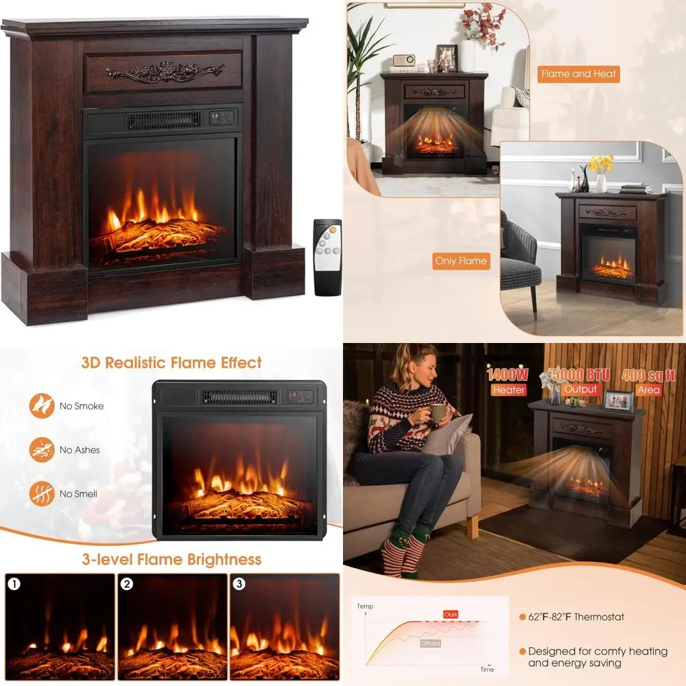 

Tangkula 1400W 32 Inches Electric Fireplace with Mantel, Freestanding Fireplace Heater with 3D Flame Effect, Remote Control, The