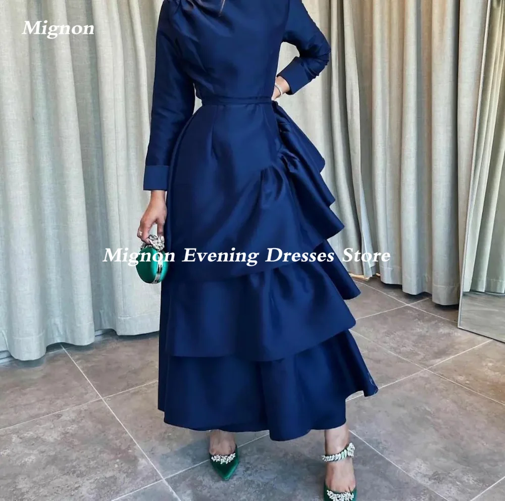 Mignon Satin A-line Prom Gown Scoop-neckline Evening Ankle-length Ruffle Cap Straps Formal Elegant Party Dress for Women 2023