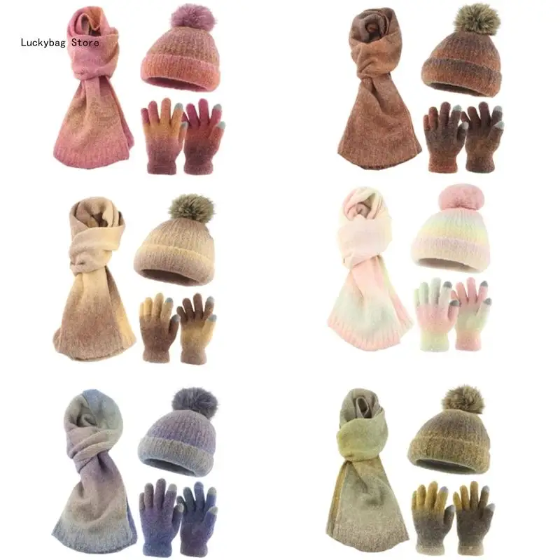 Multiuse Knitted Accessory Set Gradients Hat Gloves Scarf Set for Outdoor Sport