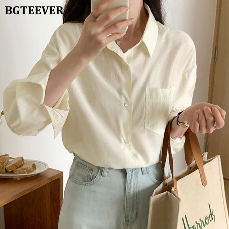 BGTEEVER Casual Full Sleeve Loose Women Blouses Tops Summer Turn-down Collar Pocket Ladies Cotton Shirts Basic