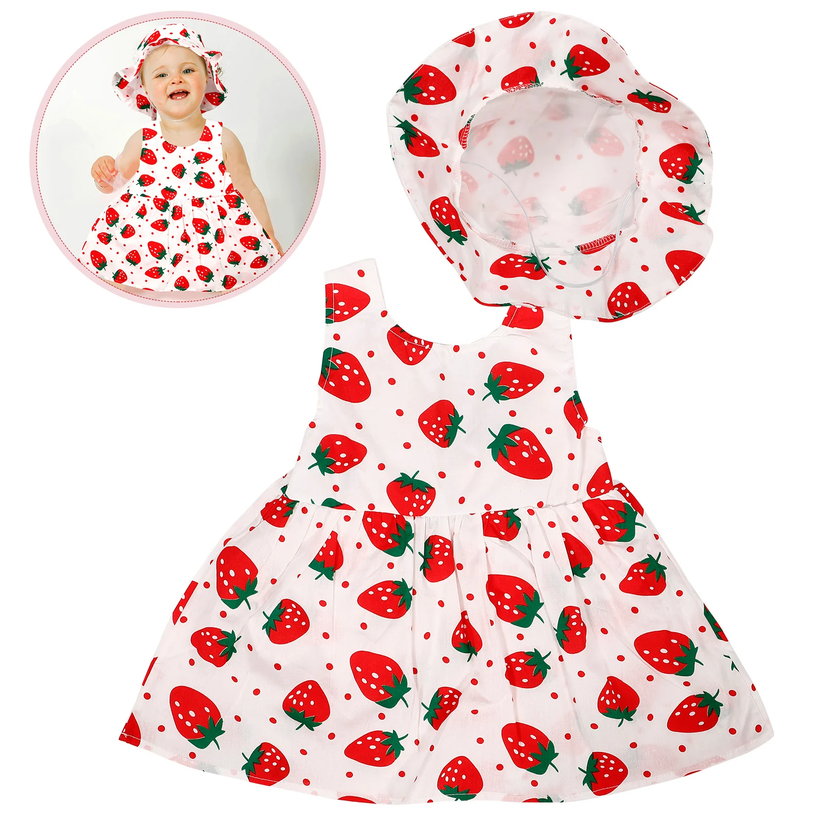 

1 Set Baby Girl Dress Sleeveless Strawberry Print Skirt With Hat Reusable Soft Comfortable Newborn Costume Adorable Photoshoot