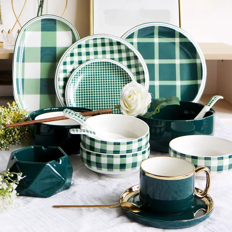 

Nordic creative dark green square plate, oval fish ceramic dish set, household