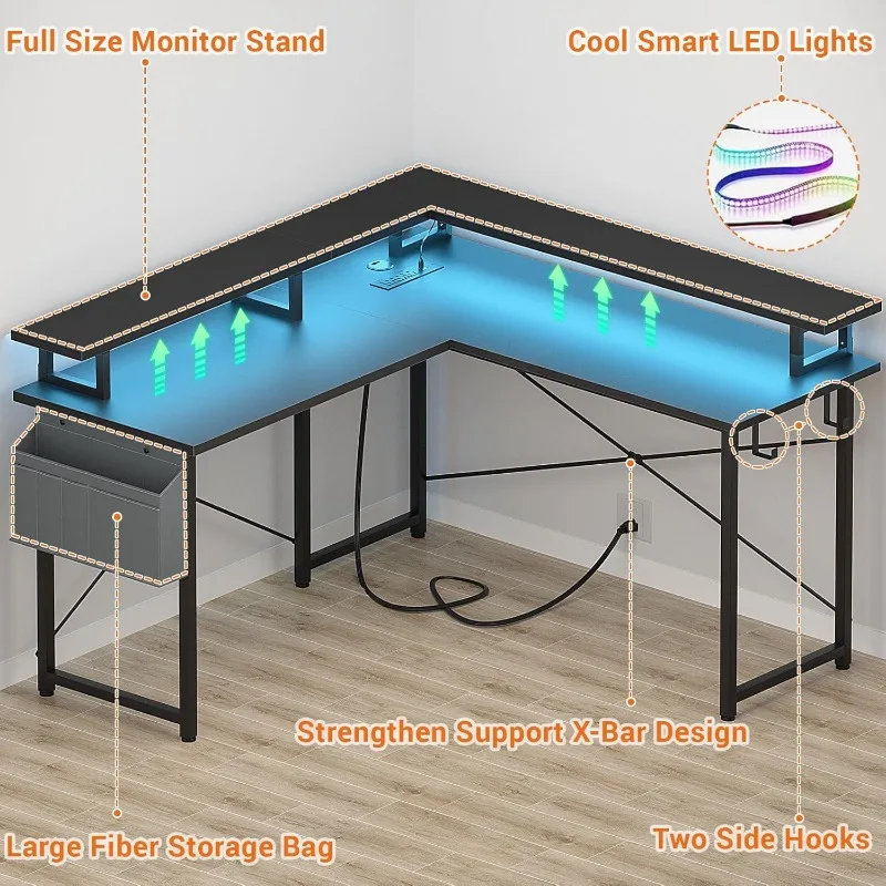 L Shaped Computer Desk with Power Outlets, Gaming Desk L Shaped with LED Lights, Corner Desk with Storage Shelves