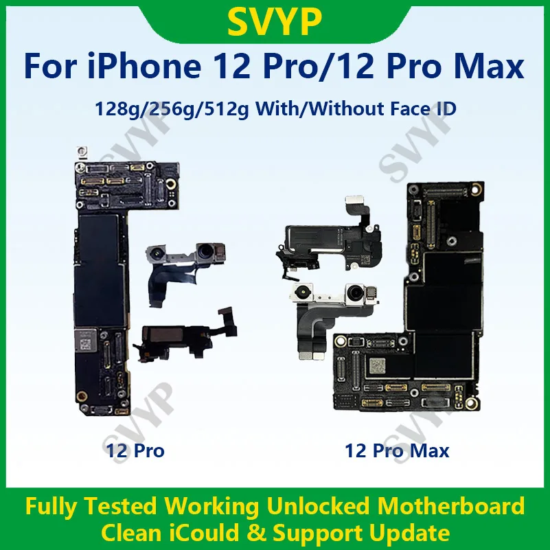 Placa base auténtica completamente probada para iPhone 12 Pro Max 128g/256g placa base desbloqueada con identificación facial limpia iCloud envío rápido