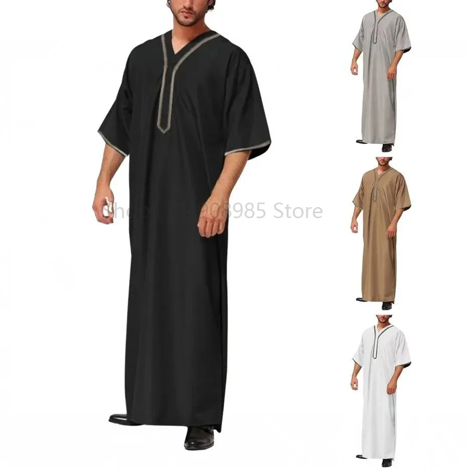 Islamic Muslim Men's Solid Color Short Sleeve Classic Embroidery Robe Dubai Arabic Ethnic Style Men's Casual Formal Robe