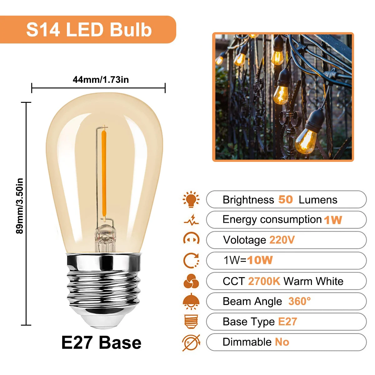 S14 1W Led Filament  Light Bulbs Amber Plastic 2700K ST45 Plastic IP65 Waterproof Outdoor String Light E27 Edison Lamp Bulb