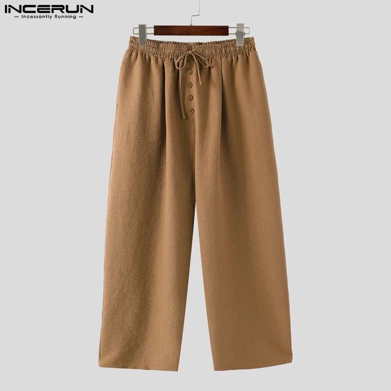 

Summer Spring Loose Men Wide Leg Pants INCERUN Fashion Buttons Long Pants Streetwear Bottoms Solid Color Trousers Oversize S-5XL