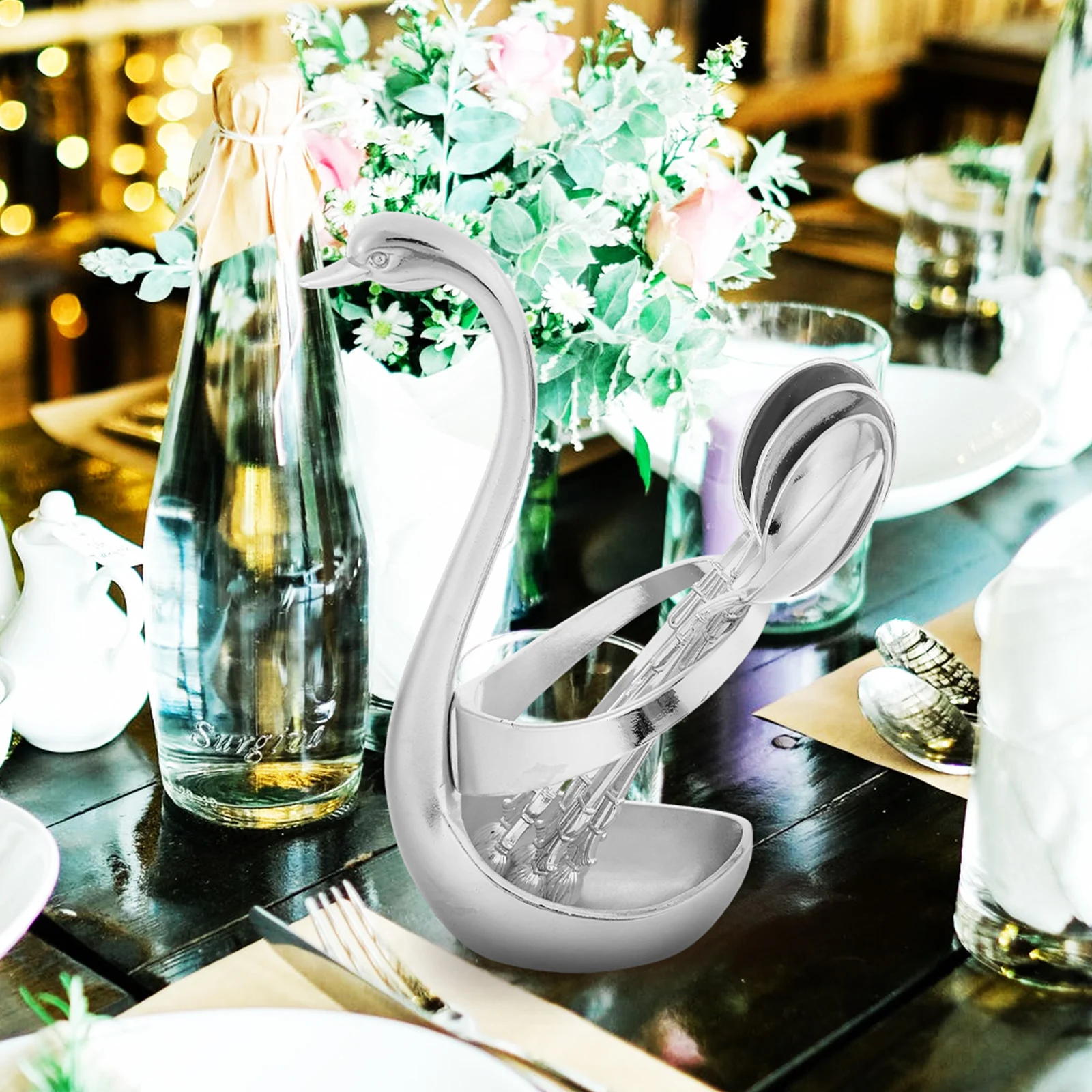 

1 set Coffee Dessert Spoon Alloy Swan Holder Set Anti Rust Kitchenware Fruit Spoon Easy Clean Table Decoration
