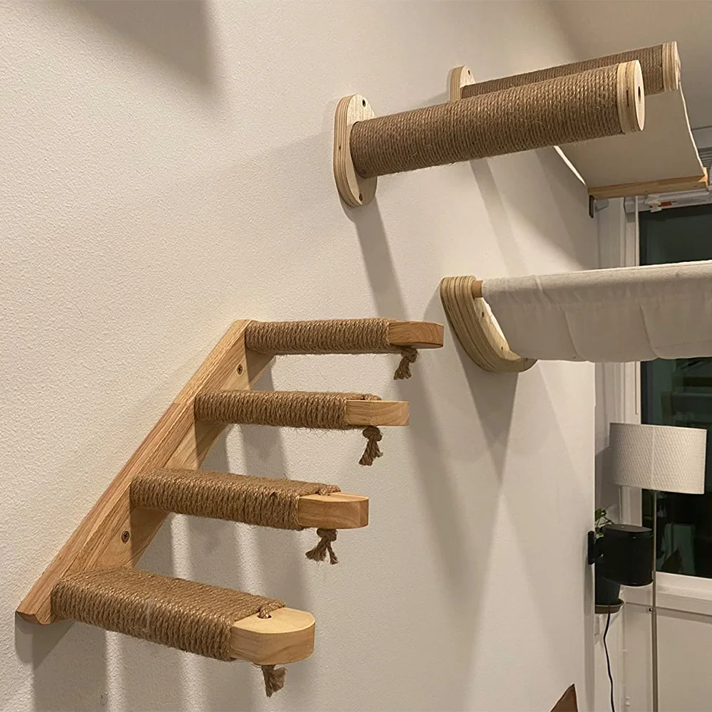 Árbol rascador de madera para gatos con hamaca y plataforma de salto