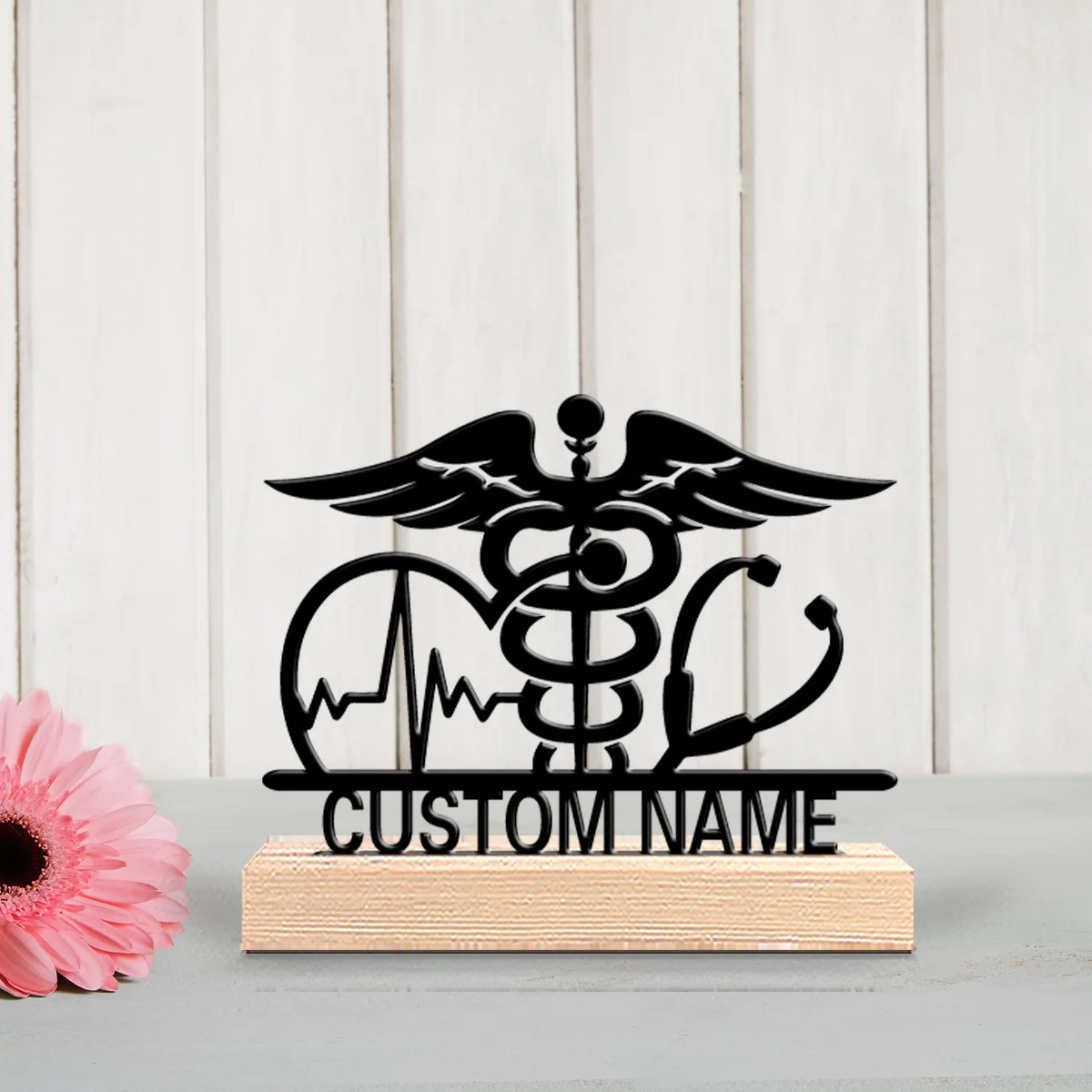 1pc Simple Stethoscope Personalized Text Metal Statue Iron Ornament Art Crafts With Wood Base Metal Statue For Children Gifts