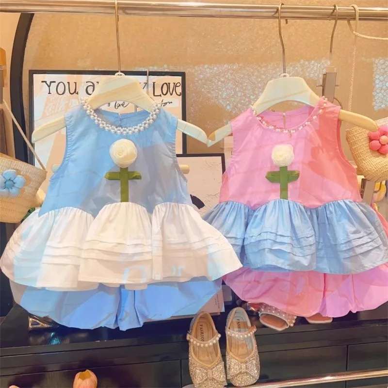 

TOY-Girls Sweet Suit Summer2025New Stylish Fashionable Rose Vest Dress and Bloomer Pants Two-Piece Set for Baby Girls