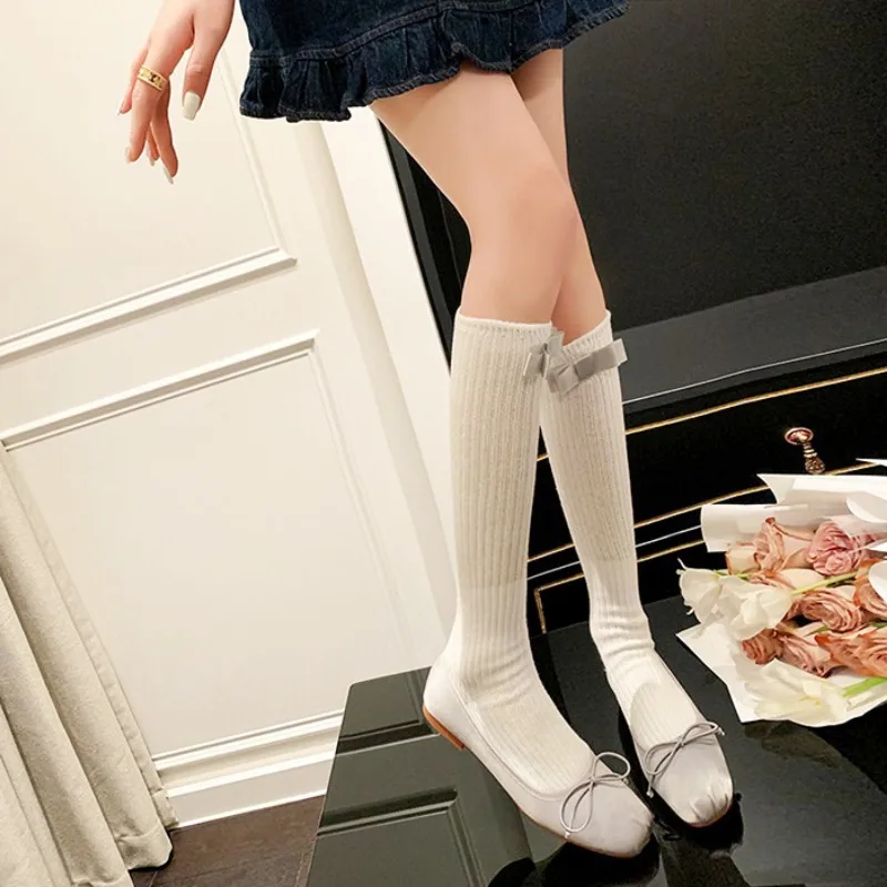 Y2K Bow Knitting Cotton Calf Socks for Women Long Stockings Autumn Winter Warm Thigh High Stockings Girls Fashion Knee Socks