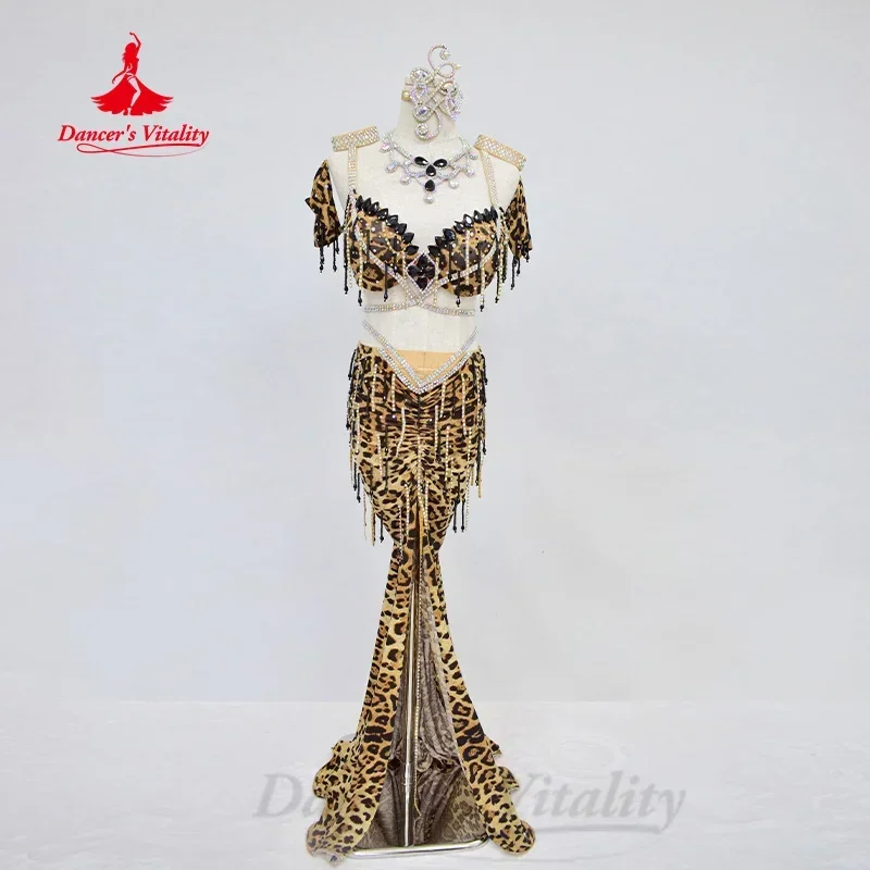 

Belly Dance Set Customized Advanced AB Stones Sexy Leopard Pattern Performance Costume Women Oriental Dance Competition Clothing