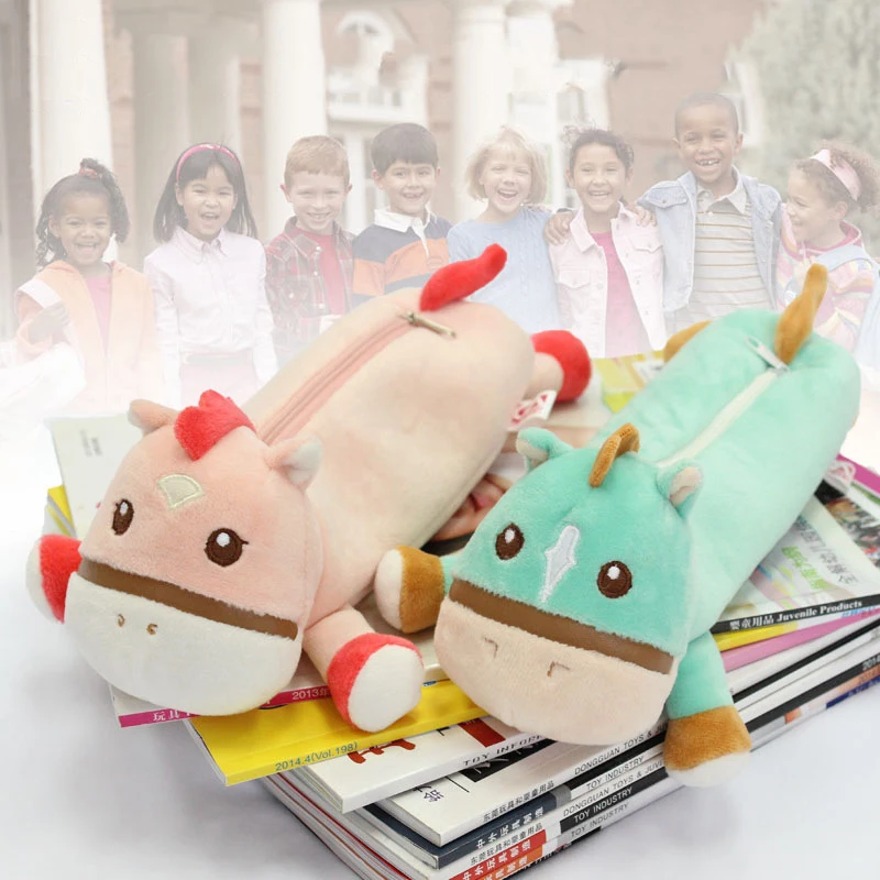 Cartoon Plush Pencil Case Kawaii Plush Horse Puppy School Office Supplies Pencil Bags For Kids Stationery Pencil Box