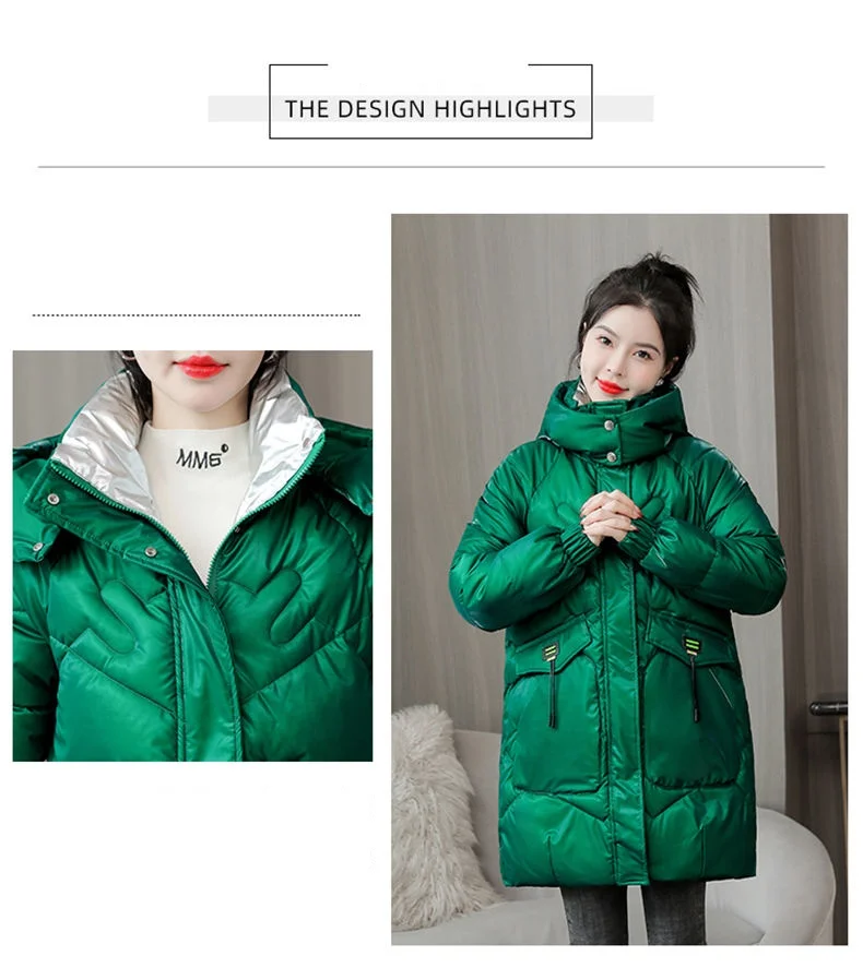 2026 Winter New Gloss Cotton Jacket Women's Medium to Long Korean Loose Coat Lady Thick Hooded Coats Female Warm Parker Overcoat