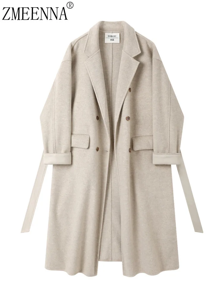 

ZMEENNA женское длинное шерстяное пальто бежевого цвета двубортный плащ с лацканами и поясом элегантная минималистичная верхняя одежда ZM4272